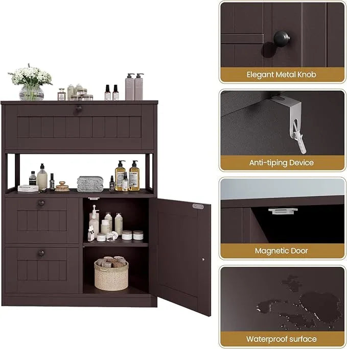 Bathroom Cabinet, Modern Bathroom Floor Storage Cabinet Organizer with 1 Door and 3 Drawers, Freestanding Cupboard for Kitchen/Living Room Use - ModernBath