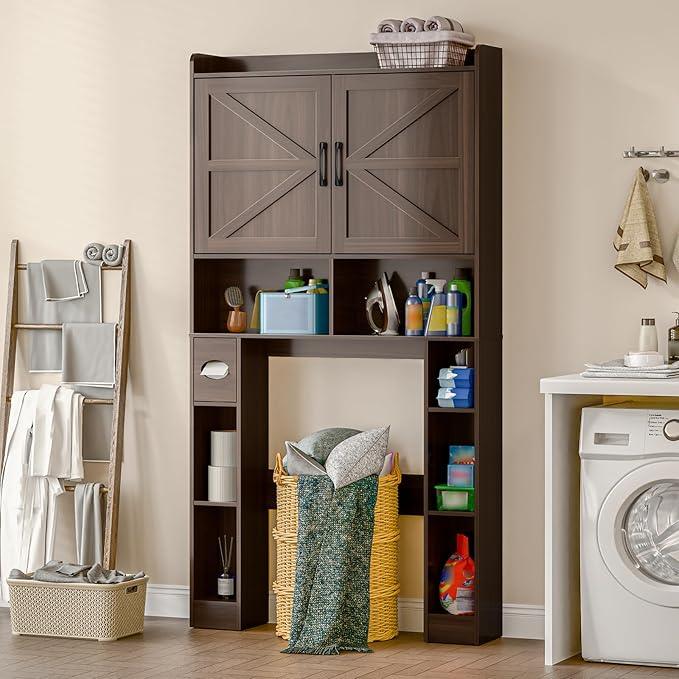 Over The Toilet Storage Cabinet, Farmhouse Toilet Cabinet Rack with Barn Doors, Space Saving Bathroom Organizer with Shelves, Toilet Paper Holder and Towel Rack for Bathroom,Restroom,Laundry,Espresso - ModernBath