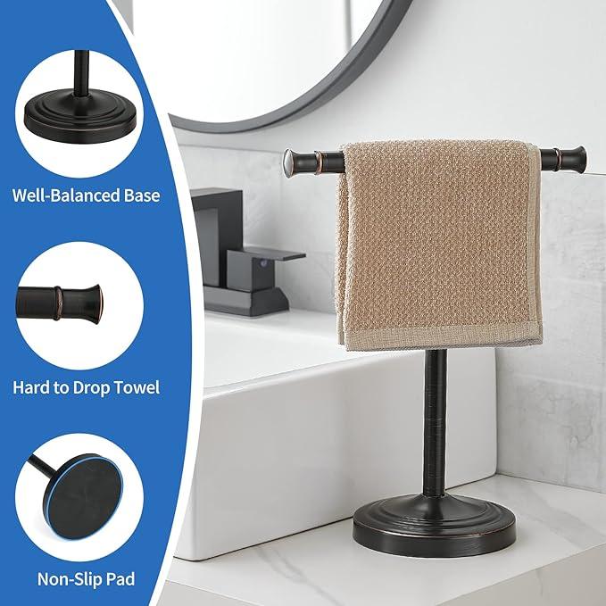 RUMOSE 13 Inch Oil Rubbed Bronze Towel Stand Hand Towel Holder Bathroom Kitchen Vanity Countertop T-Shape Towel Rack Free Standing Stainless Steel Towel Bar Towel Ring - ModernBath