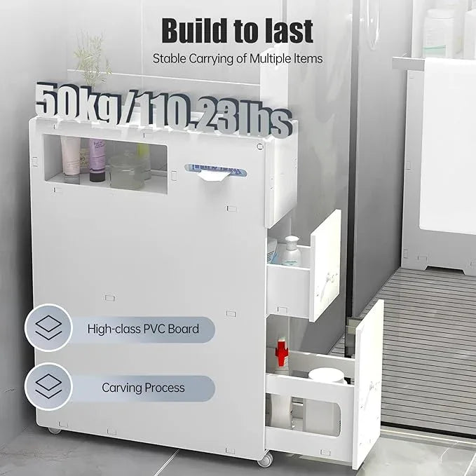 Slim Bathroom Storage Cabinet with Toilet Paper Holder, Small Narrow Floor Cabinet with Drawers & Lockable Wheels, Modern White Bathroom Cabinet Organizer for Tissues, Towels, Toiletries - ModernBath