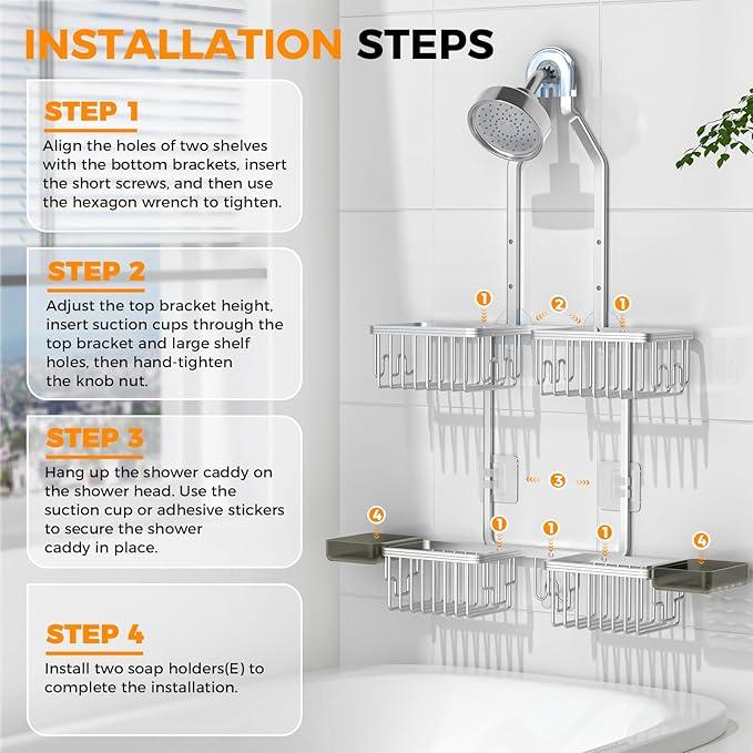 REINHARDT Aluminum Shower Caddy Hanging Adjustable Shower Caddy, Rustproof Hanging Shower Organizer with Hooks Soap Holders, Over Shower Head Caddy for Handheld Showerhead, Silver - ModernBath