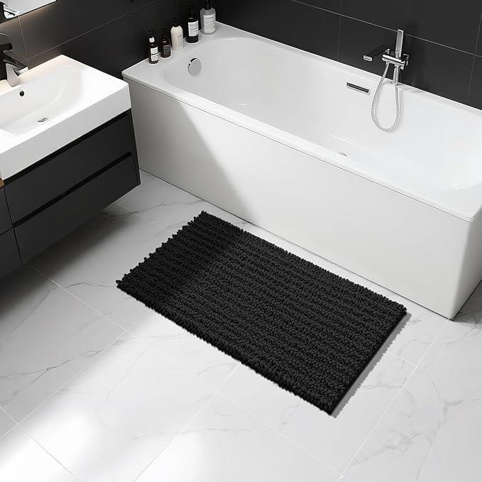 Yimobra Long Bathroom Rugs Non Slip Washable 44x24 Inch - Ultra Soft Absorbent Chenille Bath Mat, Quick Dry Shaggy Floor Carpet for Tub Shower, Black Home Decor Accessories - ModernBath