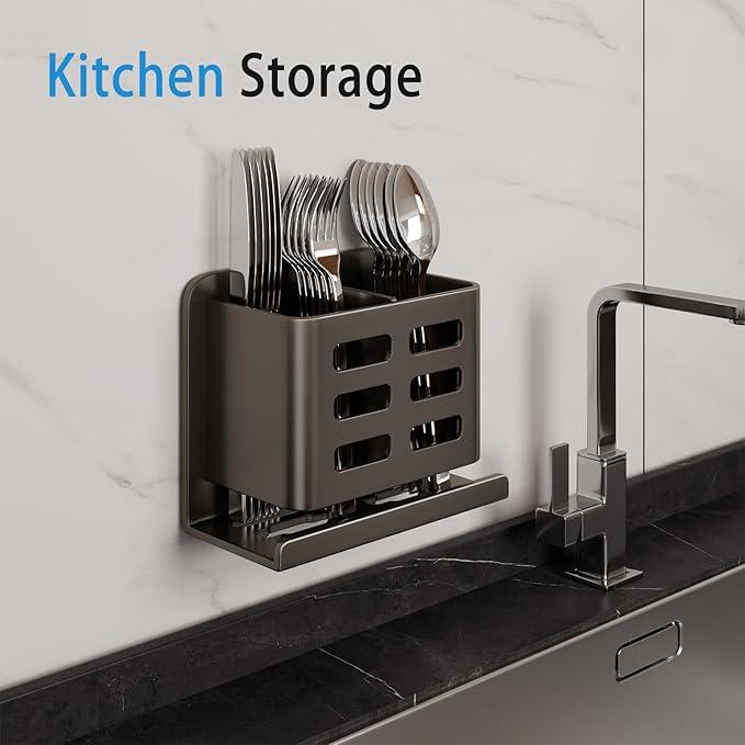 YESENT Black Wall-Mounted Toothbrush Holder, Aluminum Material Shower Shaver Storage Rack, No Drilling Required, Removable Toothpaste Storage Rack - ModernBath