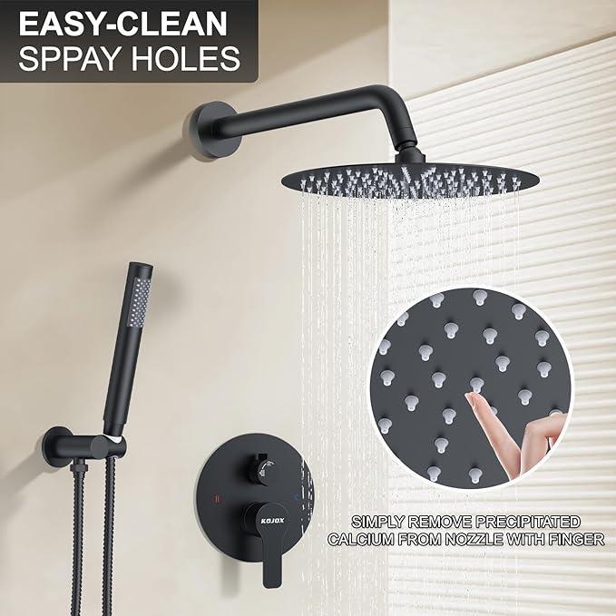 KOJOX 12-Inch Matte Black High-Pressure Shower System: Complete Set with Rainfall & Handheld Shower Heads, Wall-Mounted Mixer Faucet, Rough-In Valve, & Trim Kit for Bathroom - ModernBath