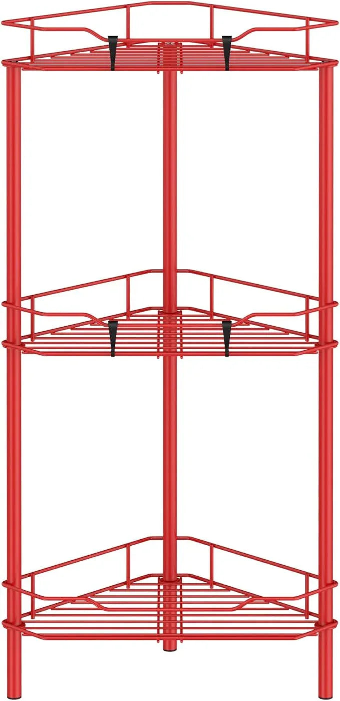 3 Tier Floor Standing Corner Shower Caddy Organizer Shelf with Hooks, Bathroom Shelves Stand Rack, Red - ModernBath