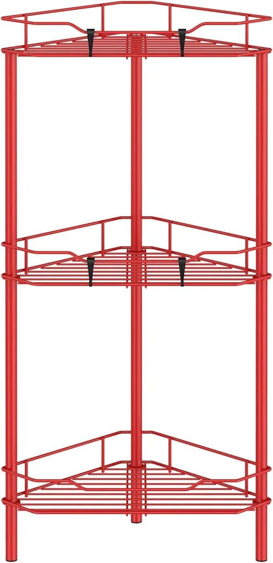 3 Tier Floor Standing Corner Shower Caddy Organizer Shelf with Hooks, Bathroom Shelves Stand Rack, Red - ModernBath