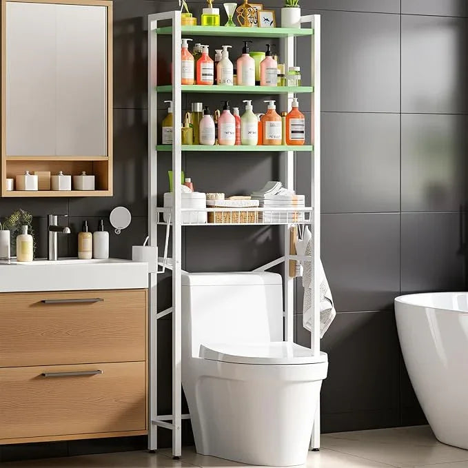 Over-The-Toilet Storage Rack, 4-Tier Bathroom Organizer Shelf Over Toilet with Adjustable Shelf and Basket, Freestanding Space Saver Bathroom Shelves Above Toilet for Room (Avocado Green) - ModernBath