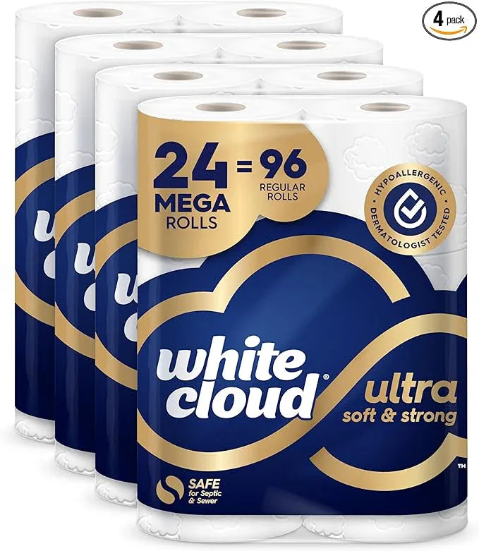 White Cloud Ultra Soft & Strong Toilet Paper, 4 packs of 6 Mega Rolls = 96 Regular Rolls - ModernBath