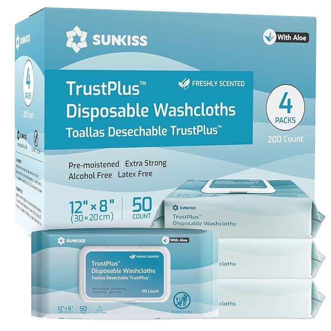 SUNKISS Trustplus Wet Wipes for Adult No Rinse, Extra Large 8”x12” Body Cleaning Washcloths for Elderly Incontinence & Cleansing, Fresh Scented, 200 Count (4 Packs of 50) - ModernBath