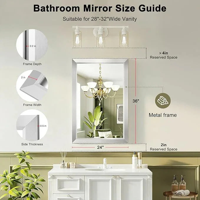 Bathroom Mirror for Over Sink,24x36Inch Silver Thick Anti-Rust Metal Frame, Rectangle Decorative Wall Mirror with HD Tempered Glass, Horizontal or Vertical Mount for Vanity, Bathroom,Living Room - ModernBath