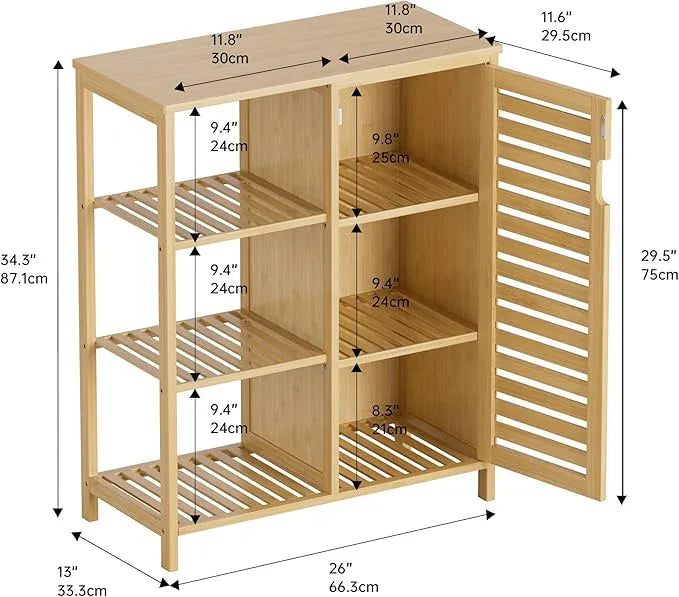 HITNET Bathroom Floor Cabinet, Bamboo Storage Cabinet with Door and 3 Open Shelves, Freestanding Side Kitchen Cupboard Organizer, Natural - ModernBath