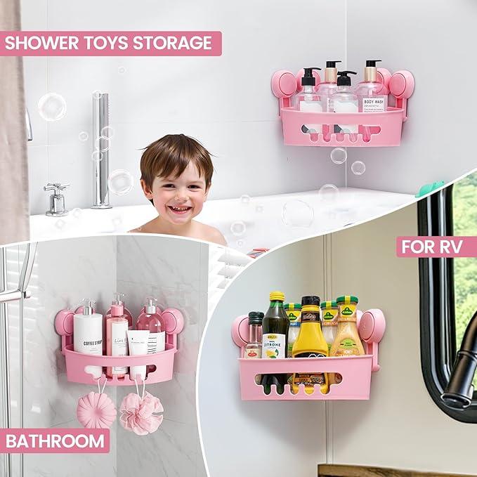 TAILI Corner Shower Caddy with Suction Cups, Wall Mounted Organizer Plastic Rack for Small Bathrooms, Kitchen, Removable Drill-Free Heavy Duty Shelf Basket, PINK - ModernBath