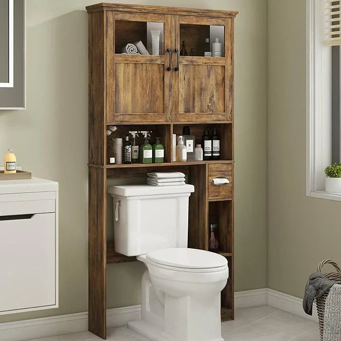 Vabches Over The Toilet Storage Cabinet With Double Doors & Paper Holder Stand, Freestanding Shelf Space Saver With Anti-Tip Design & Adjustable Shelf, Brown - ModernBath