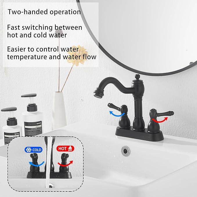 GGStudy Matte Black Bathroom Faucet 2 Handles 4 Inches Centerset RV Black Bathroom Vanity Faucet with Drain Assembly and Supply Hose Lavatory Faucet - ModernBath