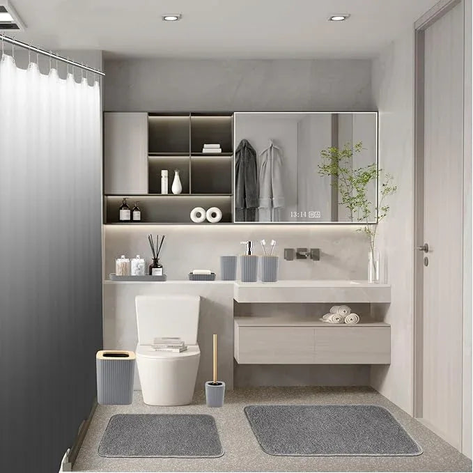 XLHOMO Bathroom Accessory Set–Bathroom Set with Shower Curtain and Rugs, No Slip Bathroom Rugs Super Absorbent, Grey Ombre Waterproof Shower Curtain with Hooks, Gray Bathroom Sets Complete for Home - ModernBath