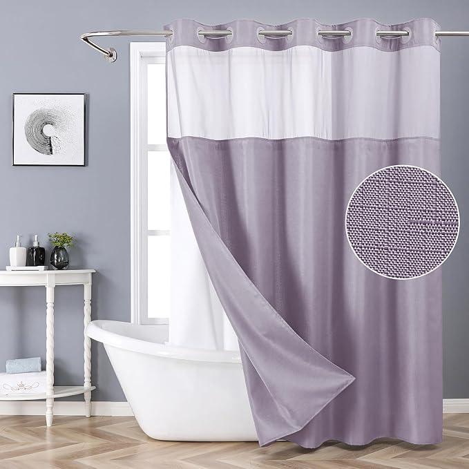 eachope Lavender No Hook Shower Curtain with Snap-in Fabric Liner Set,Slub Textured Fabric Shower Curtains for Bathroom,Hotel Style Modern Shower Curtain,Water Repellent & Washable,71x74(72) - ModernBath