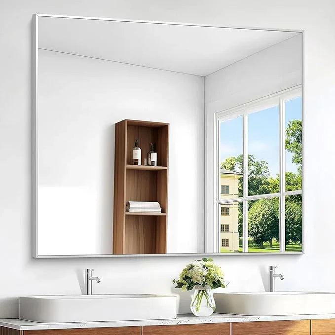 BONEWEI Silver Bathroom Mirror,48x48 inch Wall Mirror for Bathroom Wall Mounted,Large Rectangle Mirror for Bathroom Over Sink,Modern Metal Frame for Living Room,Bedroom Entryway,Horizontal/Vertical - ModernBath