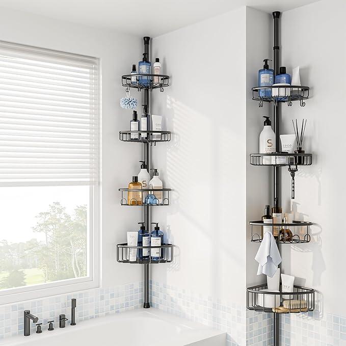 Corner Shower Caddy Tension Pole: Stainless Steel Rustproof 4-Tier Shower Organizer - 47-121 inch Adjustable Bathroom Shelves for Bathtub Shampoo Storage - Tension Rod Floor Standing Bath Rack - Black - ModernBath