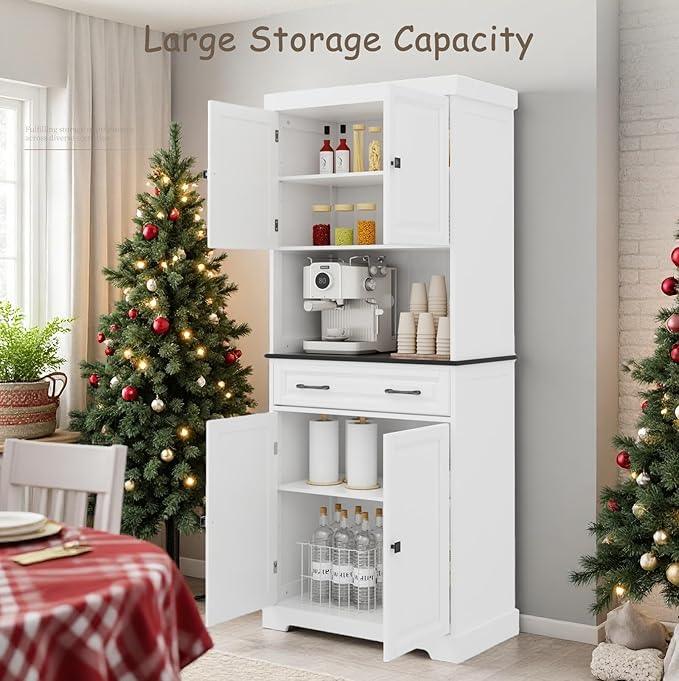 71" Kitchen Pantry Cabinet with Drawer, Kitchen Hutch Cabinet with 4 Doors, Wire Hole & Adjustable Shelves, Tall Bathroom Cabinets Freestanding Cupboard White Wood Storage Cabinets - ModernBath