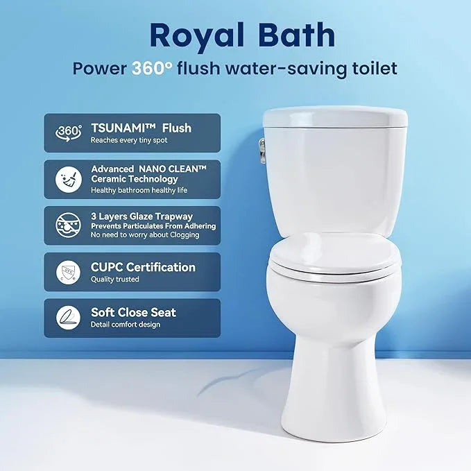 Royal Bath 360° TSUNAMI Flush Two-piece Toilet: 17.3" ADA Height, Nano Self-Cleaning, WaterSense/MAP/CUPC Certified, 1.01 Gal Side-Mounted Flush, Elongated Bowl & Soft-Close Seat,12" Rough-In - ModernBath