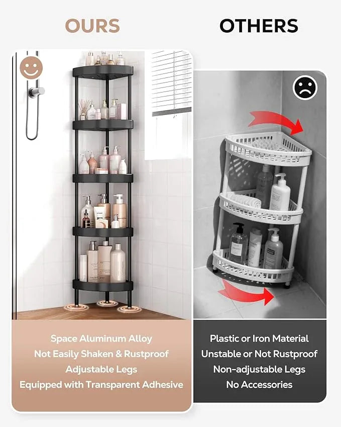 Nieifi Corner Shower Caddy Stand-5 Tier Rustproof Anodized Aluminum Standing Shower Organizer-Shower Caddy Corner-Dual Stability to Anti-Shaking-Height-Adjustable Legs for Uneven Surfaces-Black - ModernBath