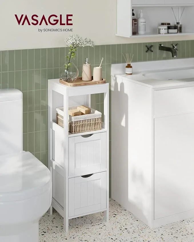 VASAGLE Storage Cabinet, Storage Organizer Rack Stand for Bathroom, Living Room, Bedroom, Multifunctional Corner Unit, 2 Drawers, 35 Inches in Height, White UBBC42WT - ModernBath