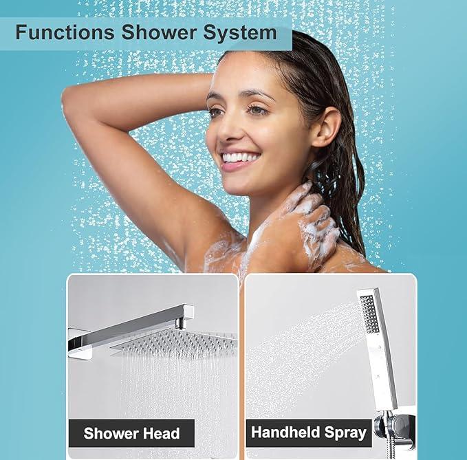 RTTWYYUU Chrome Shower System 10 Inch, Rain Shower Head with Handheld Spray, Luxury Rain Shower Set Square Wall Mount for Bathroom with Rain Shower and Handheld Shower System - ModernBath