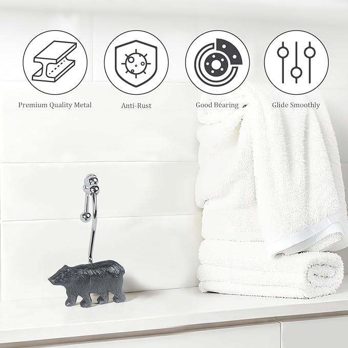 Decorative Forest Animal Shower Hooks, 12-Pack Bear Design with Smooth Gliding Rings, Rust-Proof for Bathroom Bedroom Living Room Decor - ModernBath
