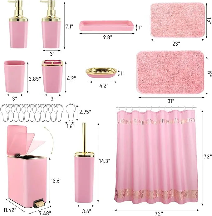 XLHOMO Bathroom Sets with Shower Curtain and Rugs Bathroom Accessories Set Pink Bathroom Set,Shower Curtain Set with Stainless Steel Trash Can - ModernBath