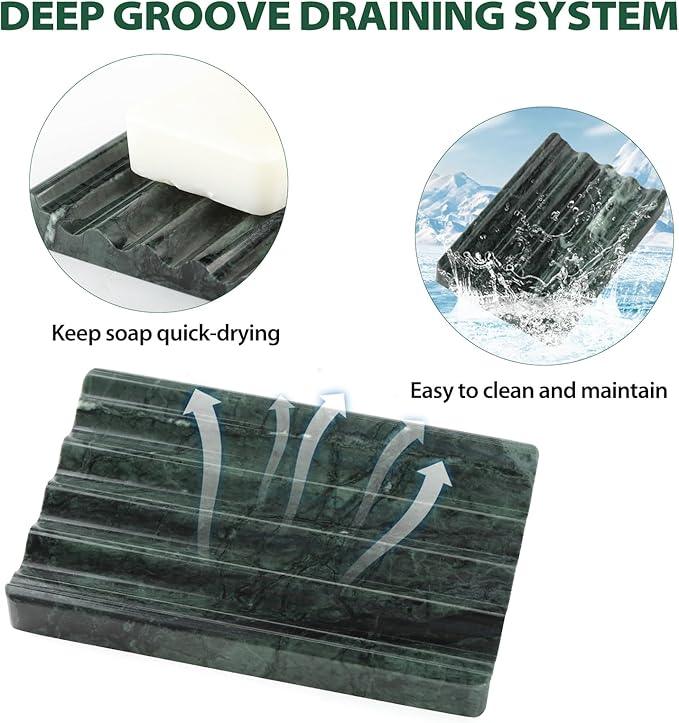2PCS Koville Indian Natural Green Marble Soap Dish for Shower, Stone Soap Tray for Bathroom, Marble Bar Soap Holder for Sink, Stripe Grooves Soap Saver Sponge Holder - ModernBath