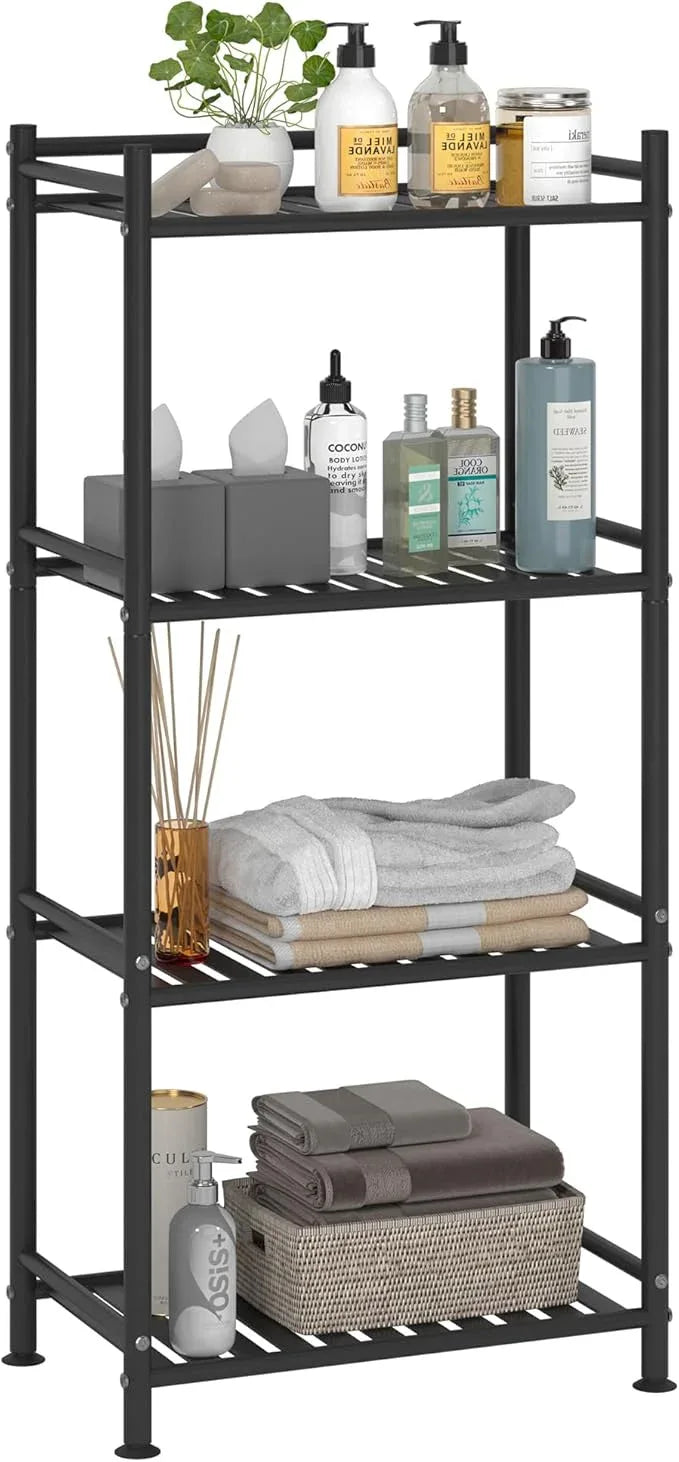 4 Tier Bathroom Storage Open Shelf Unit, Free-Standing Metal Corner Rack Shelving for Kitchen, Living Room, Hallway (Black, Wider 4 Tier) - ModernBath