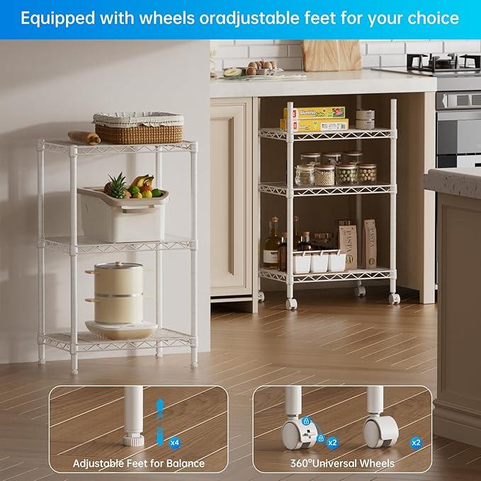 SINGAYE 3 Small Shelves Storage Shelf Wire Shelving Unit Metal Shelf Adjustable Organizers Storage Shelving with Wheels for Bathroom Laundry Room Kitchen Pantry11.5”D x 17.3”W x 30”H White - ModernBath