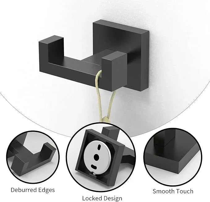 Ruacq Double Towel Hooks for Bathrooms, Heavy Duty Stainless Steel Square Bathroom Hooks, Wall Mounted Towel Hanger for Robe & Coat, Ideal for Kitchen, Bedroom, and Hotel Use(Matte Black) - ModernBath