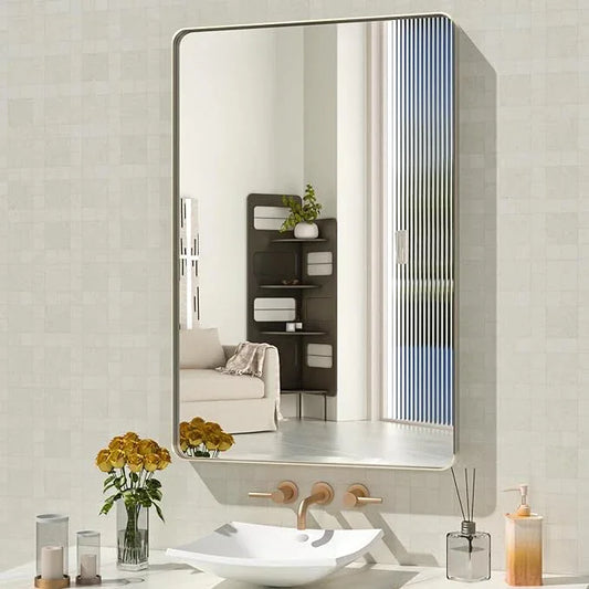 WEER 24X36 Inch Brushed Nickel Bathroom Mirror, Brushed Silver Metal Frame Mirror, Rounded Rectangle Silver Bathroom Vanity Mirror, Tempered Glass, Anti-Rust, Hangs Horizontally or Vertically - ModernBath