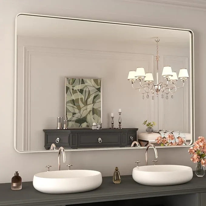 WEER 48X32 Inch Brushed Nickel Bathroom Mirror, Brushed Silver Metal Frame Mirror, Rounded Rectangle Silver Bathroom Vanity Mirror, Tempered Glass, Anti-Rust, Hangs Horizontally or Vertically - ModernBath