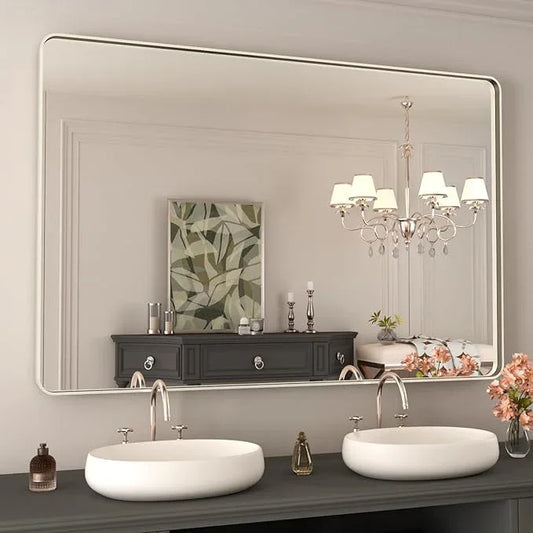 WEER 48X32 Inch Brushed Nickel Bathroom Mirror, Brushed Silver Metal Frame Mirror, Rounded Rectangle Silver Bathroom Vanity Mirror, Tempered Glass, Anti-Rust, Hangs Horizontally or Vertically - ModernBath