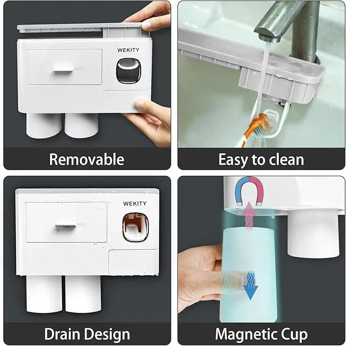 Wekity Multifunctional Wall-Mounted Toothbrush Holder, Automatic Toothpaste Dispenser Space Saving Toothbrush and Toothpaste Holder, with 2 Cups and Drawers Cosmetic Organizer(Grey) - ModernBath