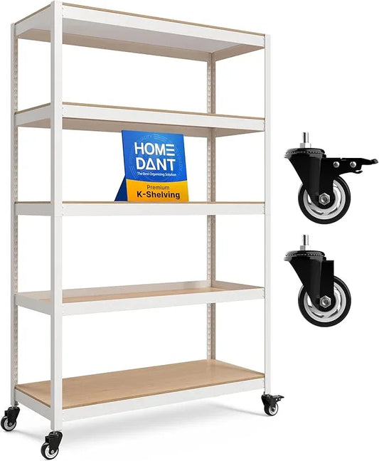 HOMEDANT House 48.1" 5-Tier Metal Rolling Cart Shelf Rack Casters Heavy Duty Laminated Wheel Shelving Unit Adjustable Utility Storage Shelves Shelf Kitchen Garage White 1Pack - ModernBath