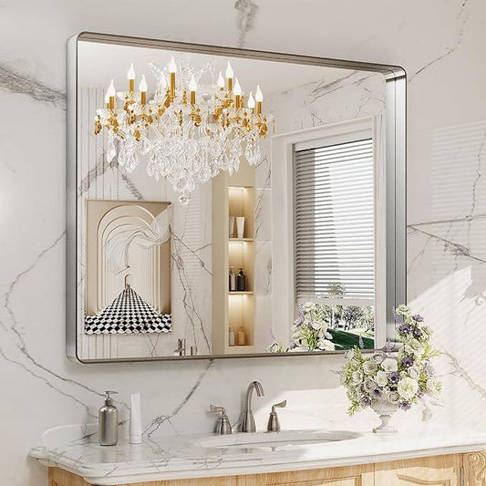 LOAAO 40X36 Inch Brushed Nickel Bathroom Mirror, Rounded Rectangle Silver Metal Frame Mirror, Brushed Nickel, Anti-Rust, Shatter Proof, Hangs Horizontally or Vertically - ModernBath
