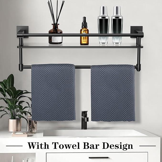 Glass Shelf for Bathroom 20 Inch Bathroom Shelves with Towel Bar Tempered Glass Shelves with Stainless Steel Towel Holder for Wall (All Matte Black) - ModernBath