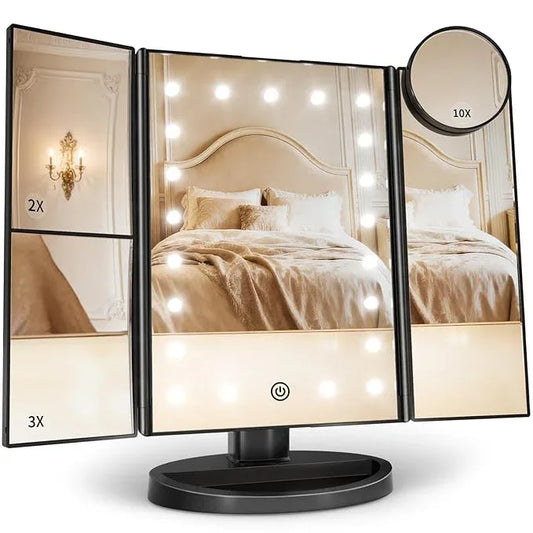 HUONUL Makeup Mirror Vanity with Lights, 2X 3X 10X Magnification, Touch Control, Trifold Mirror, Dual Power Supply, Gifts for Women, Wife, Mom, Teengirls(Black) - ModernBath