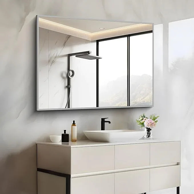COFENY 30x40In Silver Bathroom Mirror for Wall, Brushed Nickel Rectangle Mirrors with Metal Frame, Bathroom Rectangular Mirror Modern Wall Mirror for Bedroom Living Room, Hangs Horizontal or Vertical - ModernBath