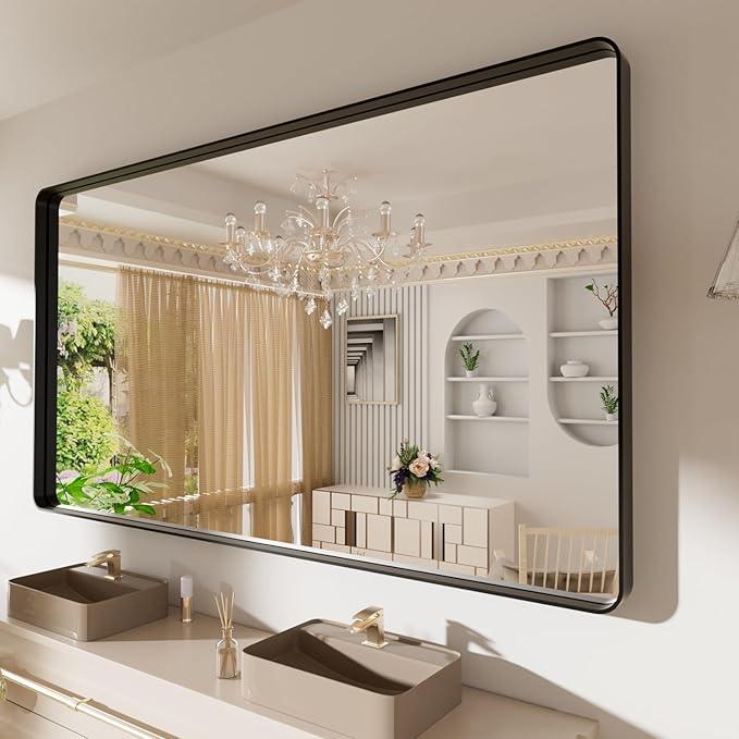 LOAAO 72X40 Inch Black Metal Framed Bathroom Mirror for Wall, Matte Black Bathroom Vanity Mirror Farmhouse, Large Rounded Rectangle Mirror, Anti-Rust, Tempered Glass, Hangs Horizontally or Vertically - ModernBath