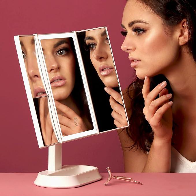 Fancii Makeup Mirror with Natural LED Lights, Lighted Trifold Vanity Mirror with 5X & 7X Magnifications - 40 Dimmable Lights, Touch Screen, Cosmetic Stand - Sora (White) - ModernBath