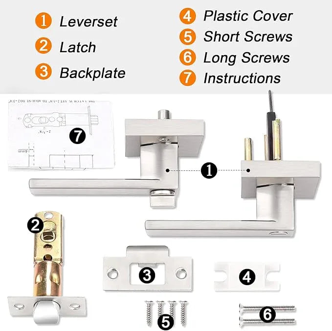 Probrico Interior Brushed Nickel Door Handle, Heavy Duty, Flat Square Privacy Door Handles, Keyless Door Levers Lockset for Bedroom and Bathroom (8 Pack, Modern) - ModernBath