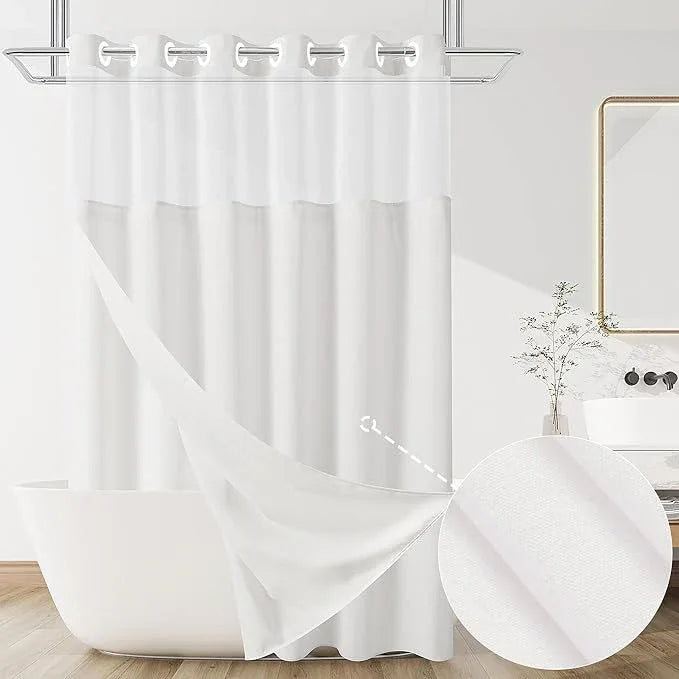 Jowels No Hooks Needed Linen Shower Curtain and Liner Set,White Hotel Luxury Decor Shower Curtains for Bathroom with See Through Top Window,Water Resistant Fabric,72Wx81L,White - ModernBath