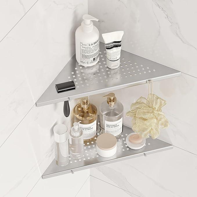 10" Bathroom Corner Shelf, 2 Pack Recessed Shower Shelf Caddy, SUS304 Stainless Steel Shelf Wall Mount Triangular, No Drilling Brushed Nickel - ModernBath