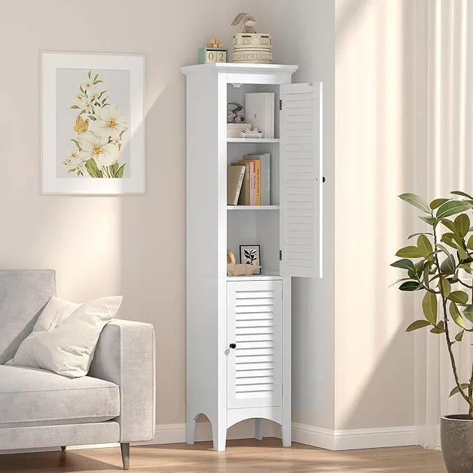 Tangkula 63" Tall Bathroom Storage Cabinet, Freestanding Narrow Linen Tower with Adjustable Shelf, Modern Slim Floor Cabinet with 2 Doors for Bathroom, Living Room, Kitchen (White) - ModernBath