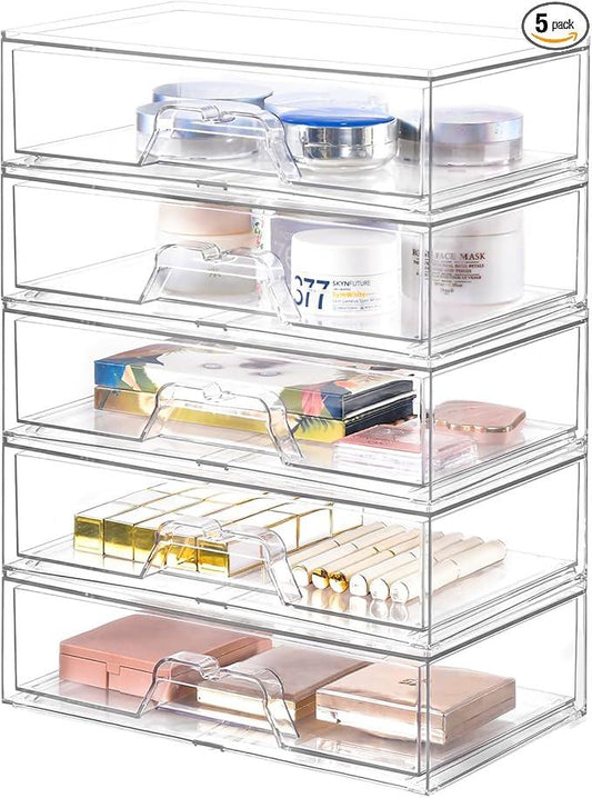 5 Pack Makeup Organizer Stackable, 12.1''L Bathroom Organizer and Storage Acrylic Undersink Drawer Organizer, Cosmetics and Beauty Supplies,Clear Plastic Storage Bins for Vanity,Pantry,Cabinet,Kitchen - ModernBath