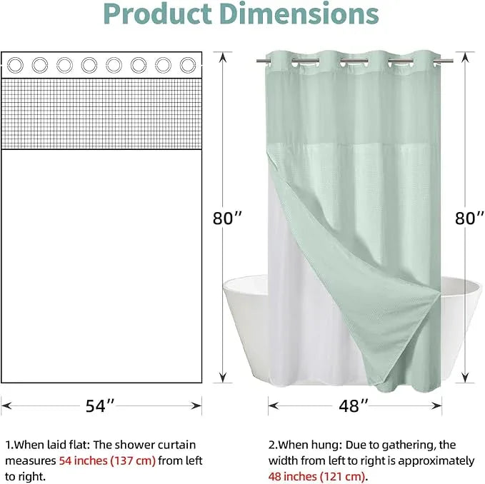 eachope MintGreen No Hook Waffle Weave Shower Curtain with snap-in Liner Replacement, 230GSM Waterproof Fabric Hotel Shower Curtain Set for Bathroom, Through Mesh Top Window,54Wx80H - ModernBath